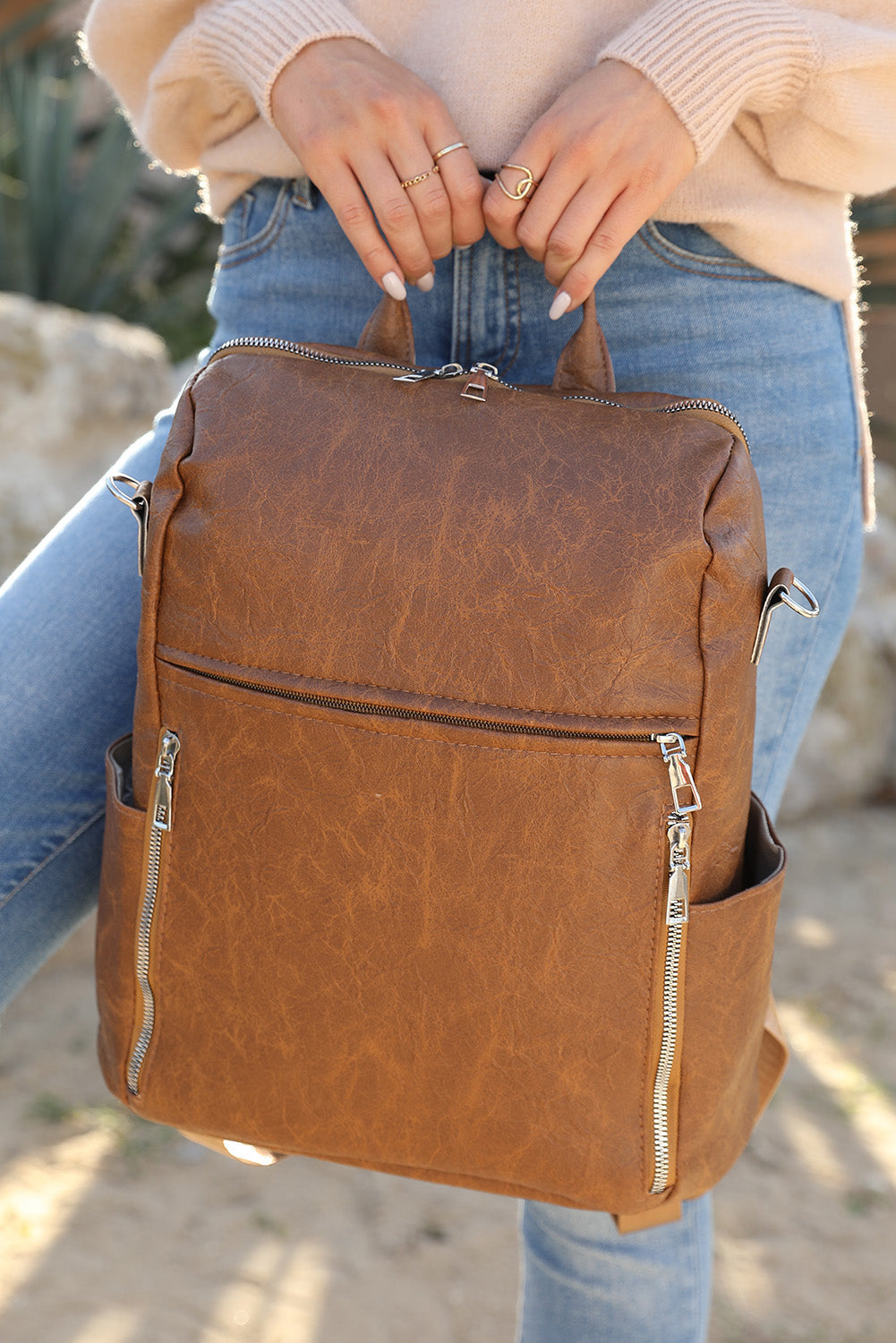 Chestnut Vintage Leather Large Zipper Backpack