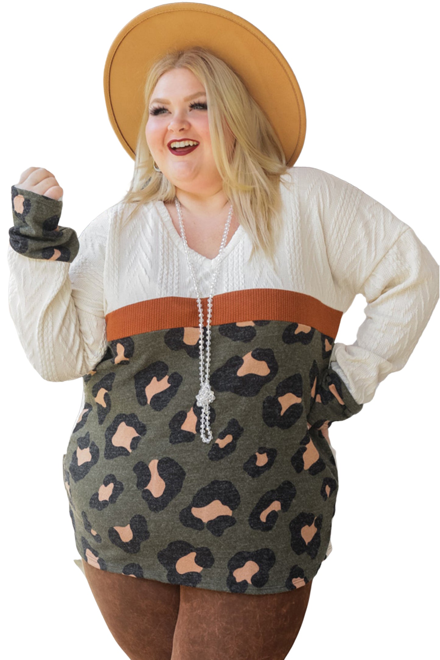 White Plus Size Leopard Print Patchwork Textured Top