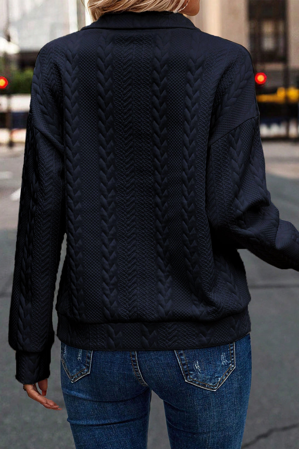 Navy Blue Zip up Cable Textured Sweatshirt