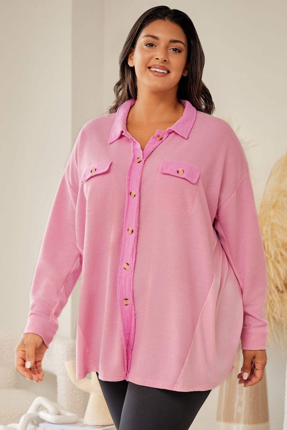 Pink Plus Size Waffle Knit Flap Pocket Long Sleeve Shirt