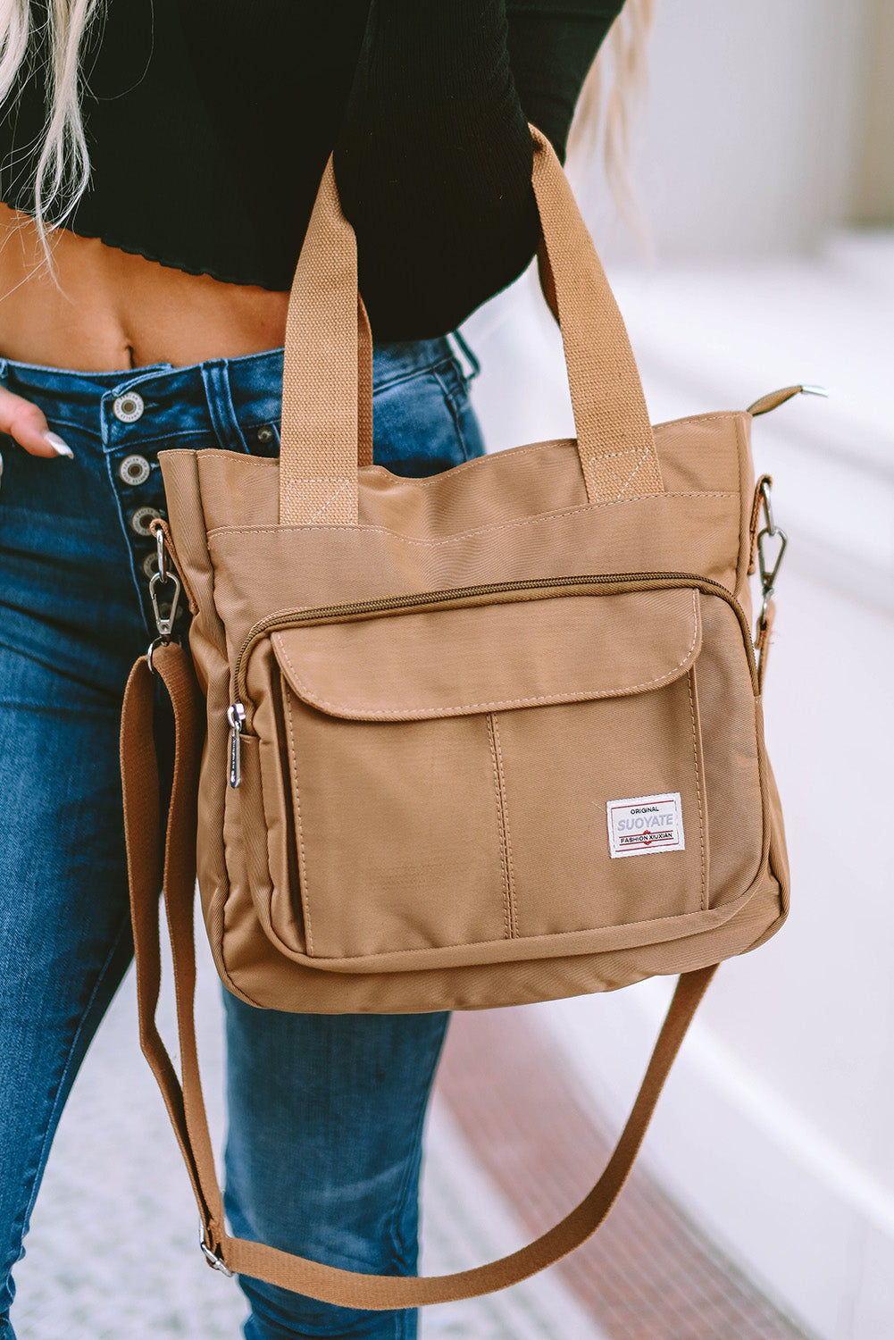 Light Beige Multi Pockets Zipped Large Canvas Shoulder Bag