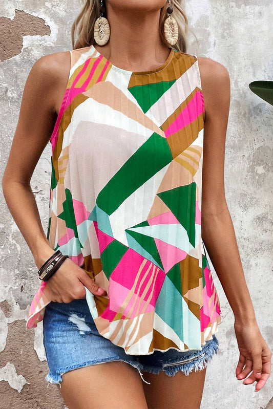 Multicolor Boho Geometric Print Keyhole Back Pleated Sleeveless Shirt