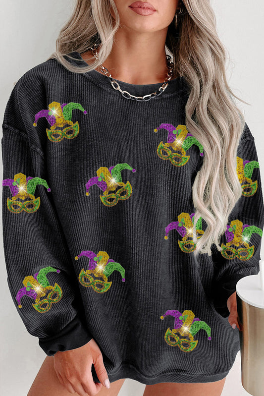 Black Plus Mardi Gras Mask Sequin Patch Graphic Sweatshirt