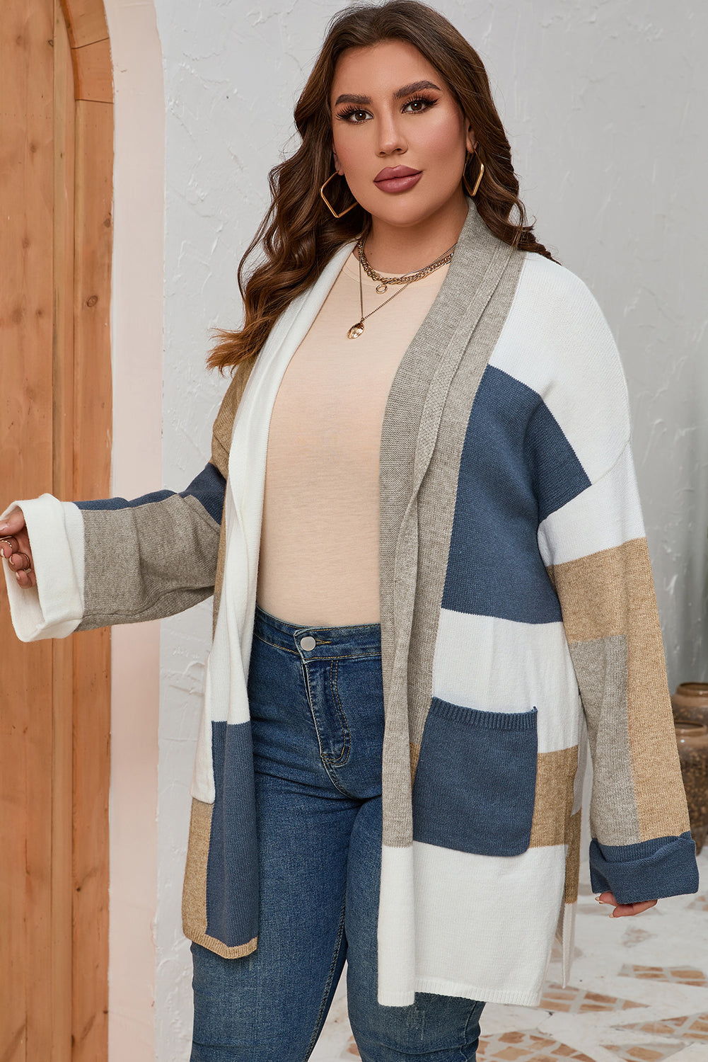 Multicolor Plus Size Colorblock Knit Cardigan