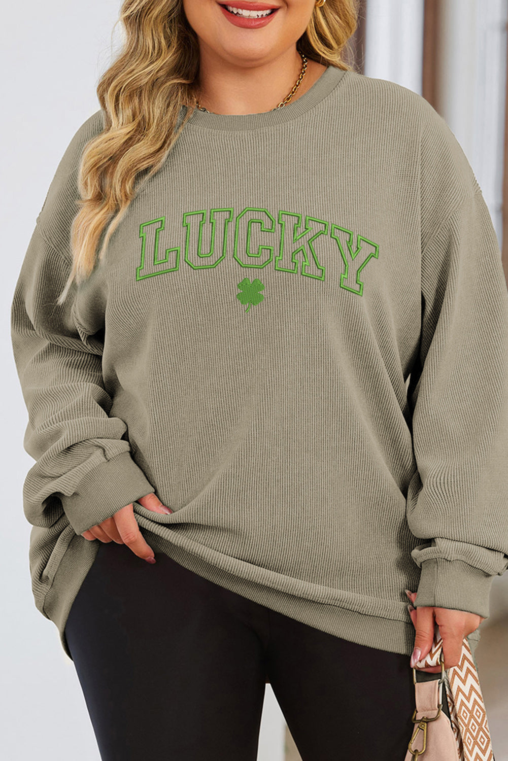 Black LUCKY Four Leaf Clover Graphic Corded Plus Sweatshirt