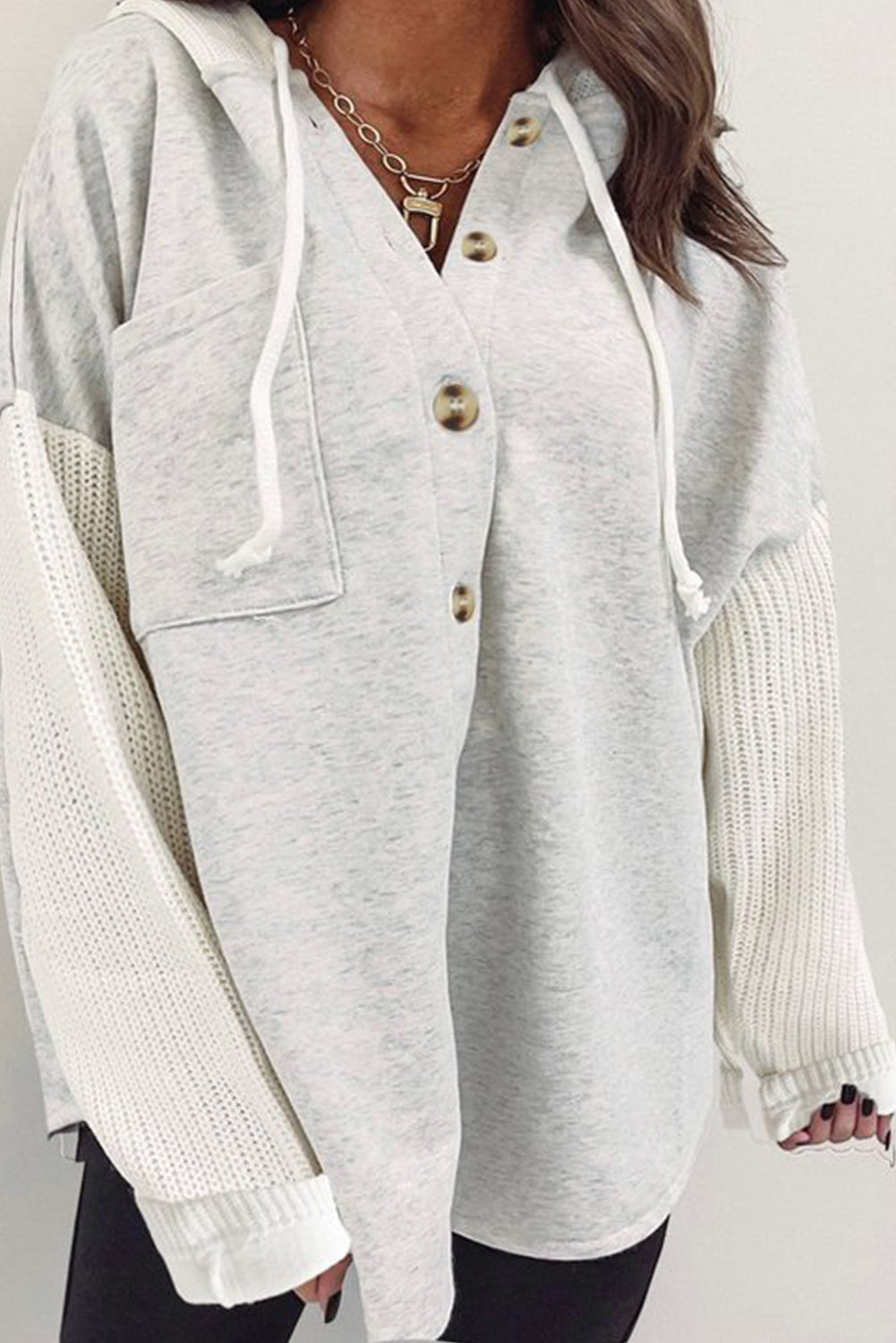 Gray Contrast Knitted Sleeves Plus Size Hoodie