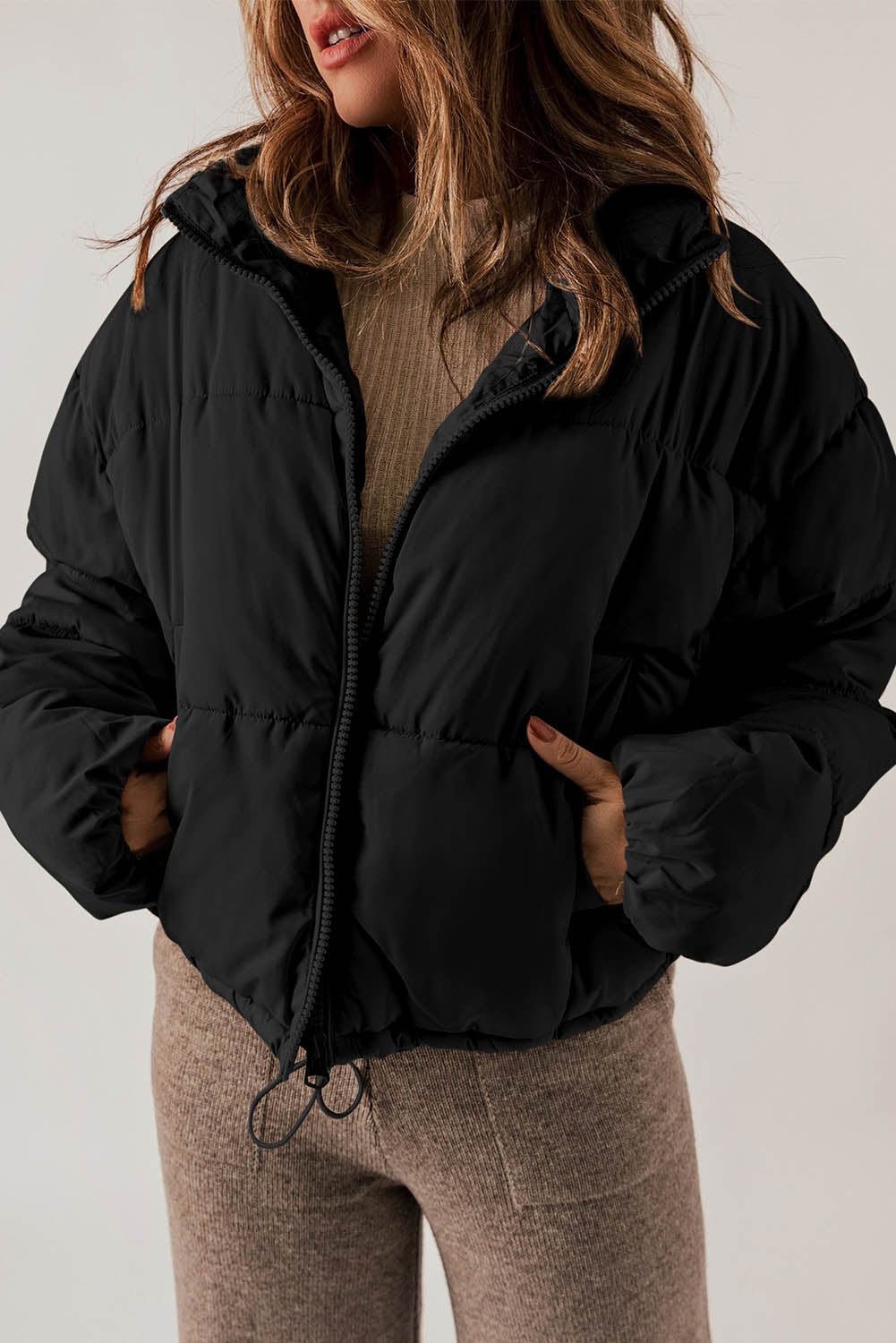 Black Zip Up Drawstring Hem Puffer Coat