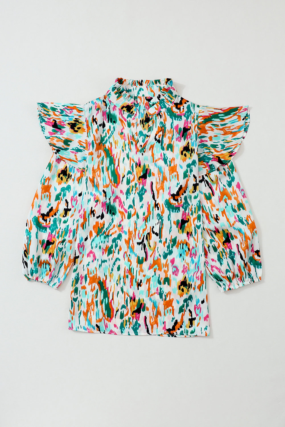 Multicolor Abstract Print 3/4 Puff Sleeve Ruffle Blouse