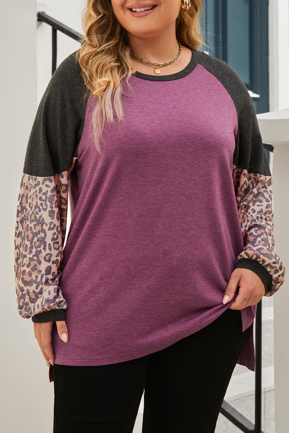 Multicolor Leopard Colorblock Long Sleeve Plus Size Top