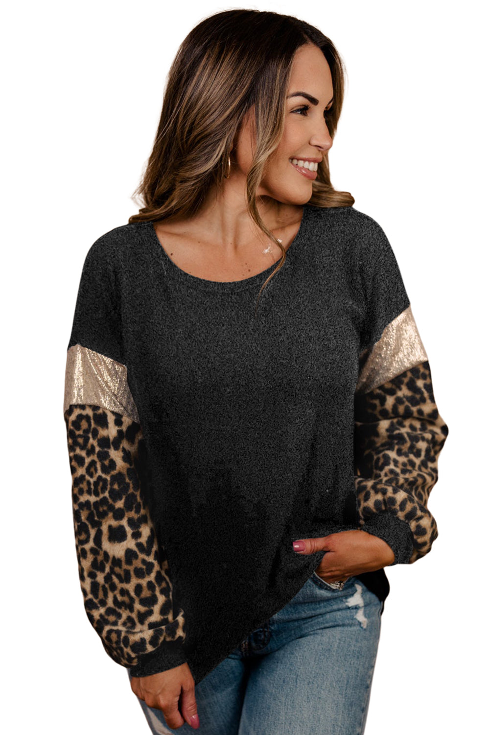 Black Plus Size Leopard Sequin Long Sleeve Top