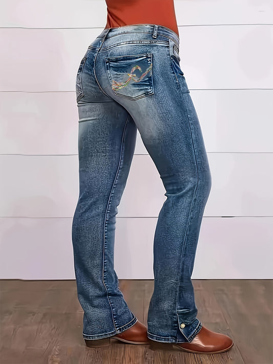 Women's Vintage Style Jeans, Plus Size Embroidery Detail Patch Pocket Side Button Split Medium Stretch Straight Leg Denim Pants