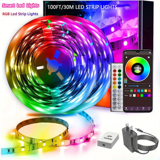 100ft(2 Rolls Of 50ft) LED Strip Lights For Bedroom, Smart Rope Strip Lights With 44-Key Remote, RGB Color Changing Music Sync LED Strip Lights, App Control LED Rope Lights, For Bedroom, Living Room Home Christmas Party Decoration