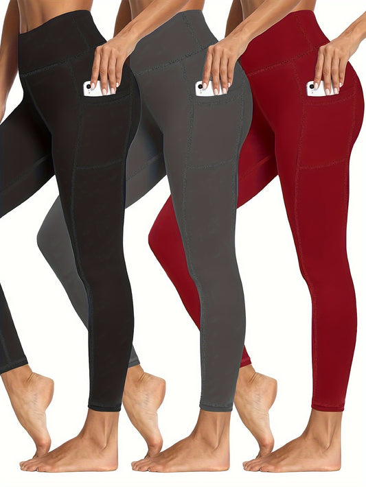 3 Pack Plus Size Sports Leggings, Women's Plus Solid Pipping High Stretch Fitness Leggings 3 Piece Set