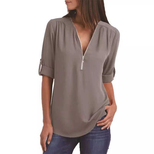 LADY BLOUSES SOLID COLOR ZIPPER SHIRT